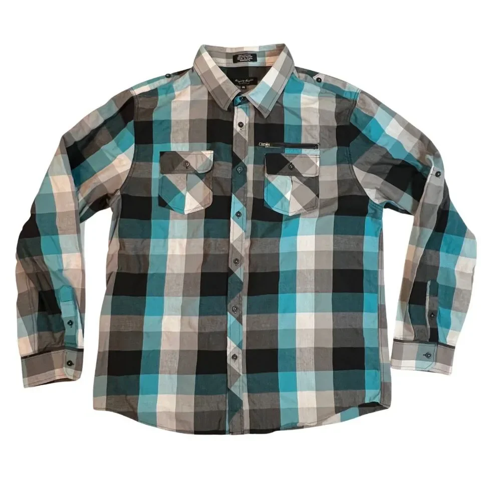 Eighty Eight Mens XXL Turquoise Western Preppy Collared  Chunky Plaid Button Up - Picture 7 of 9